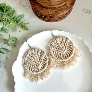 2/$30🌵 Macrame Cream Hoop Dangle Earrings Silver Jewelry NEW Bohemian Hippie